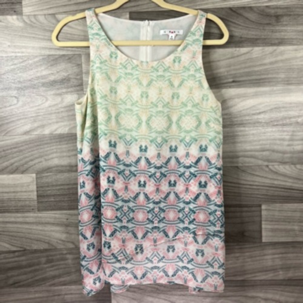 Cabi Womens Tunic Top Beige Multicolor Geometric Sleeveless Scoop Neck Zip S